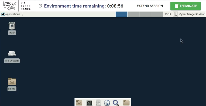 In the exercise environment, the environment time remaining is shown at the top as eight minutes, with an "EXTEND SESSION" button with a "TERMINATE" button to its right.