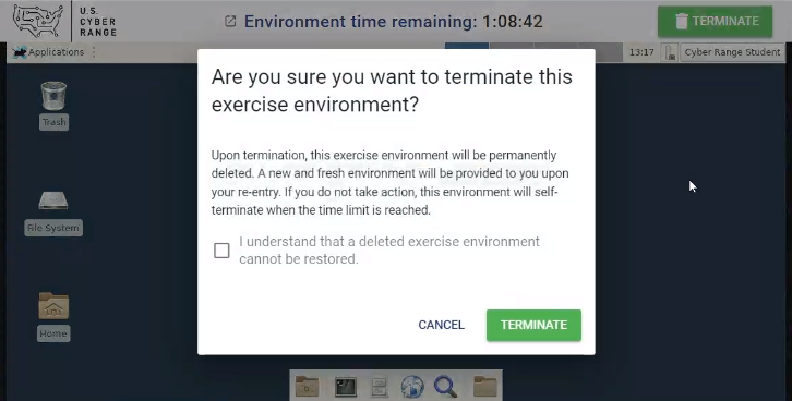 A dialog box is shown that asks if you want to terminate the exercise environment. A confirmation checkbox is under the text. The "CANCEL" button is in the bottom right with the "TERMINATE" button to its right.