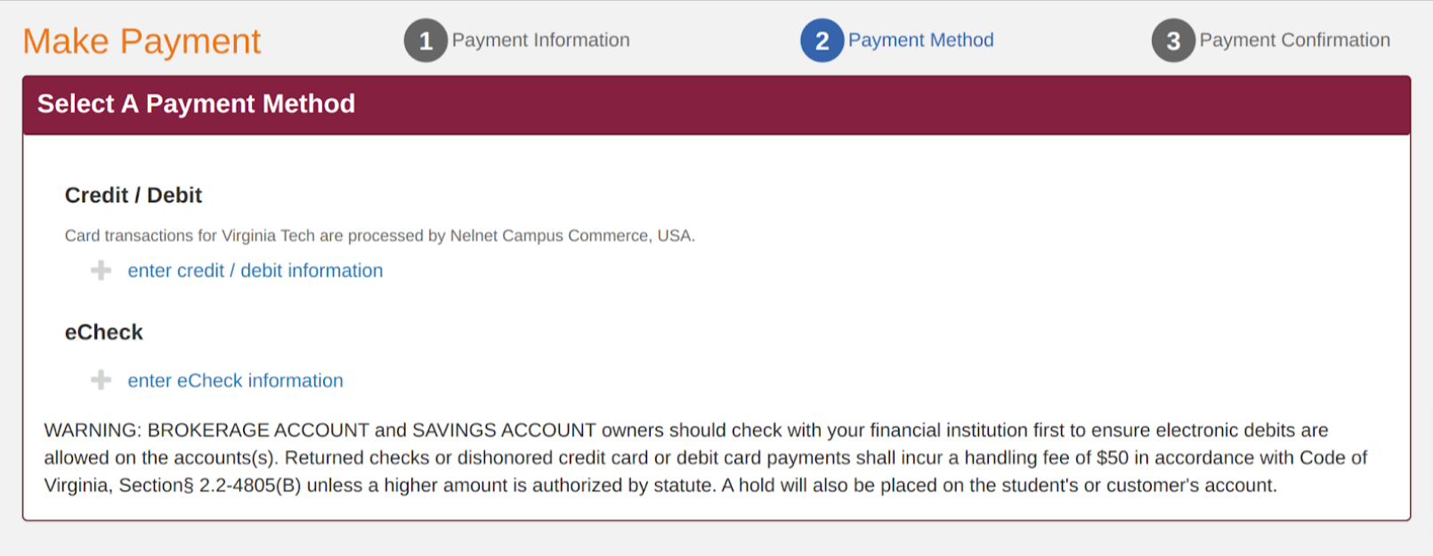 "Select A Payment Method" window that allows the options of paying by Credit/Debit or by eCheck.