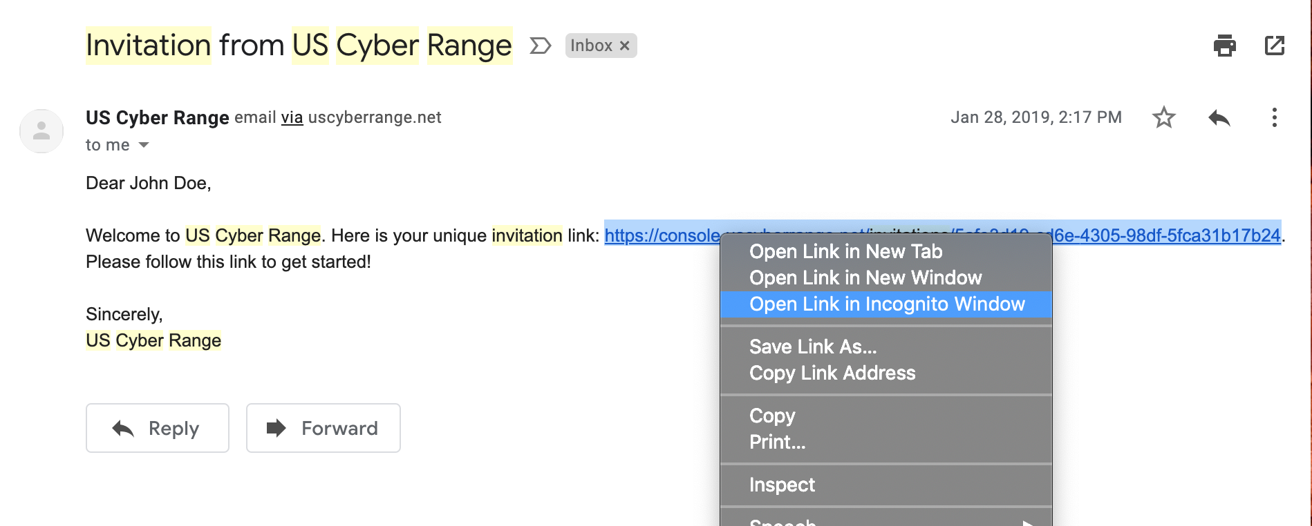 Screenshot depicting an email that includes an invitation link from the Cyber Range.