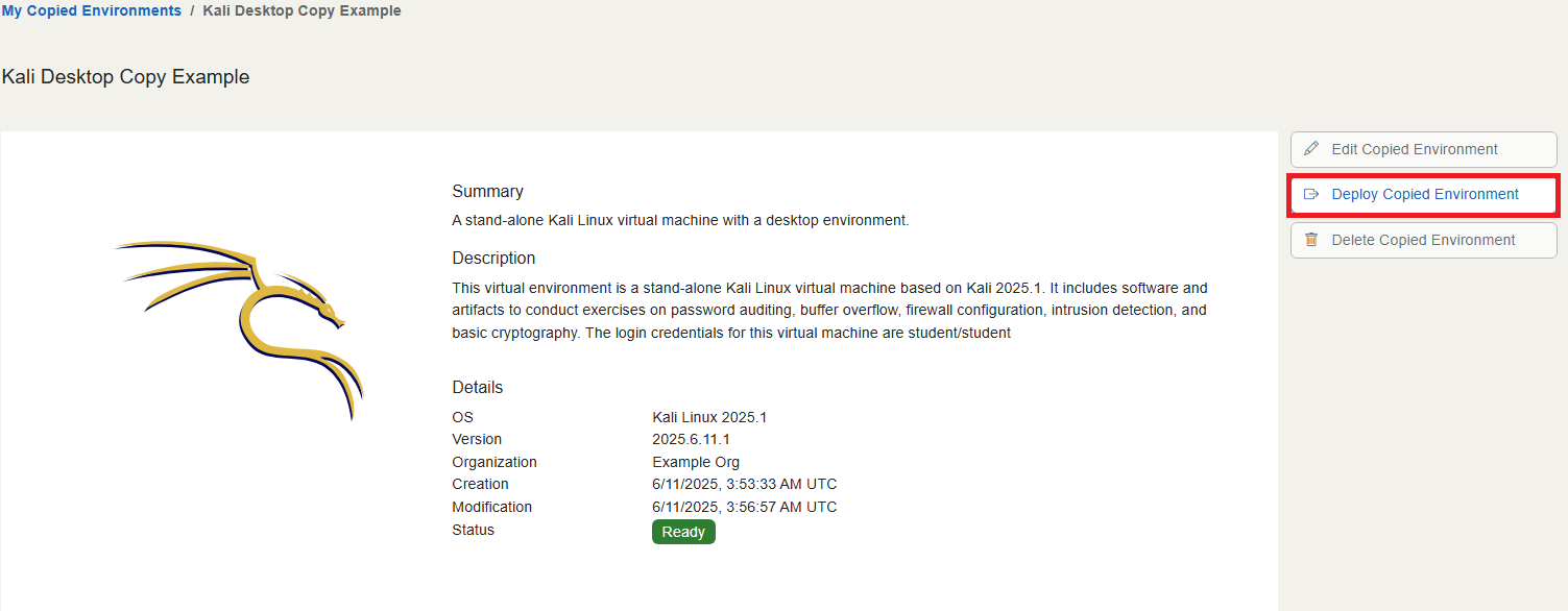 On the information page for the shared environment, the Deploy button is located below the Edit Copied Environment button.