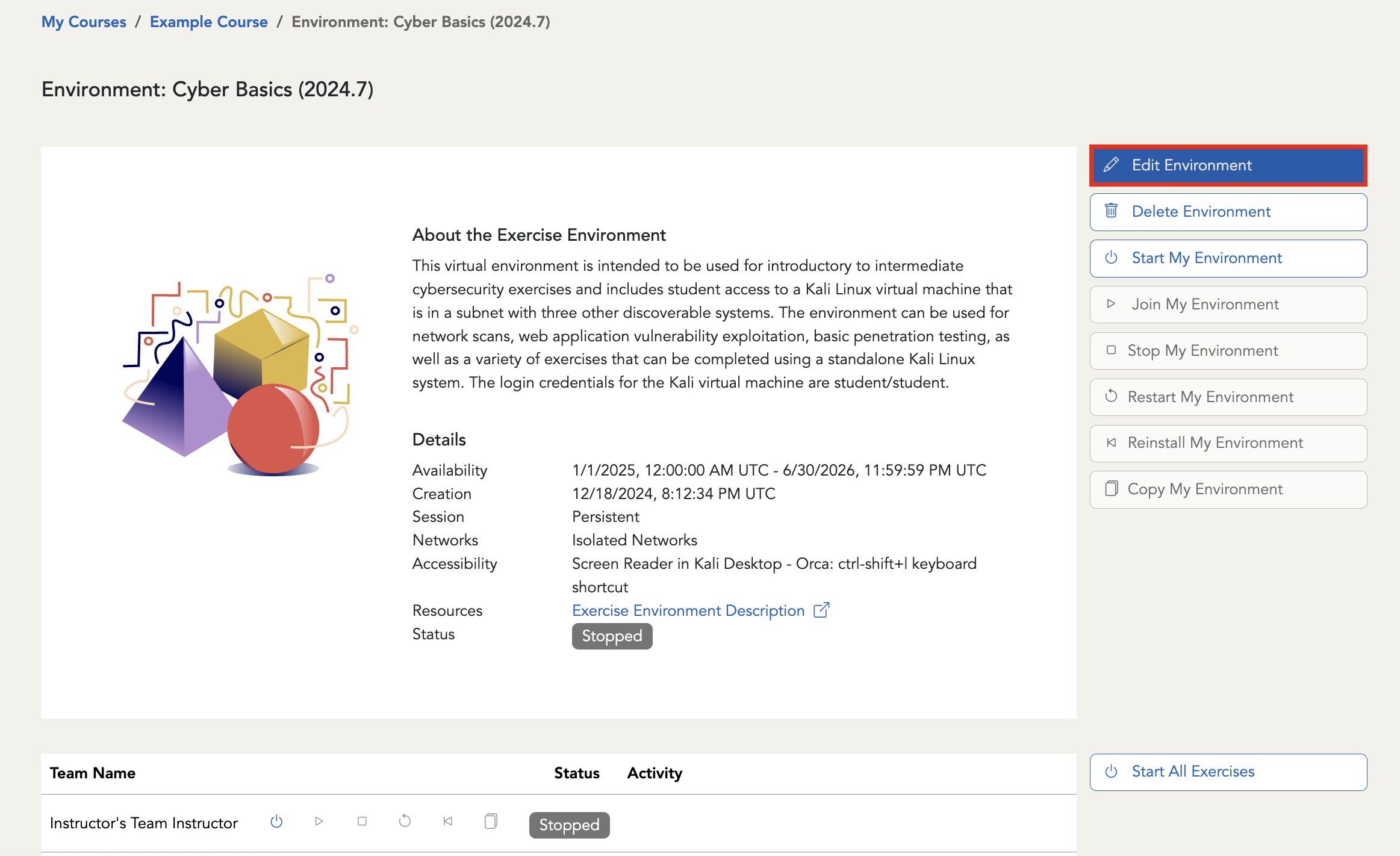 The environment page is displayed. The Edit this exercise button is in the top right above the Delete environment button.