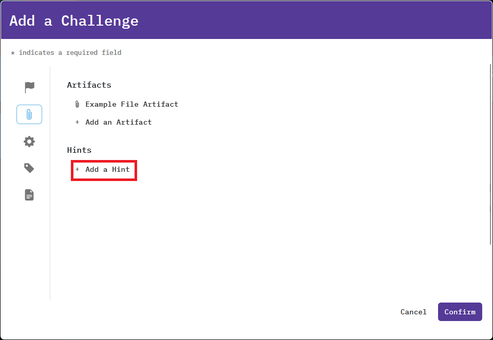 The Add a Hint button is under the Hints header in the Add a Challenge window.