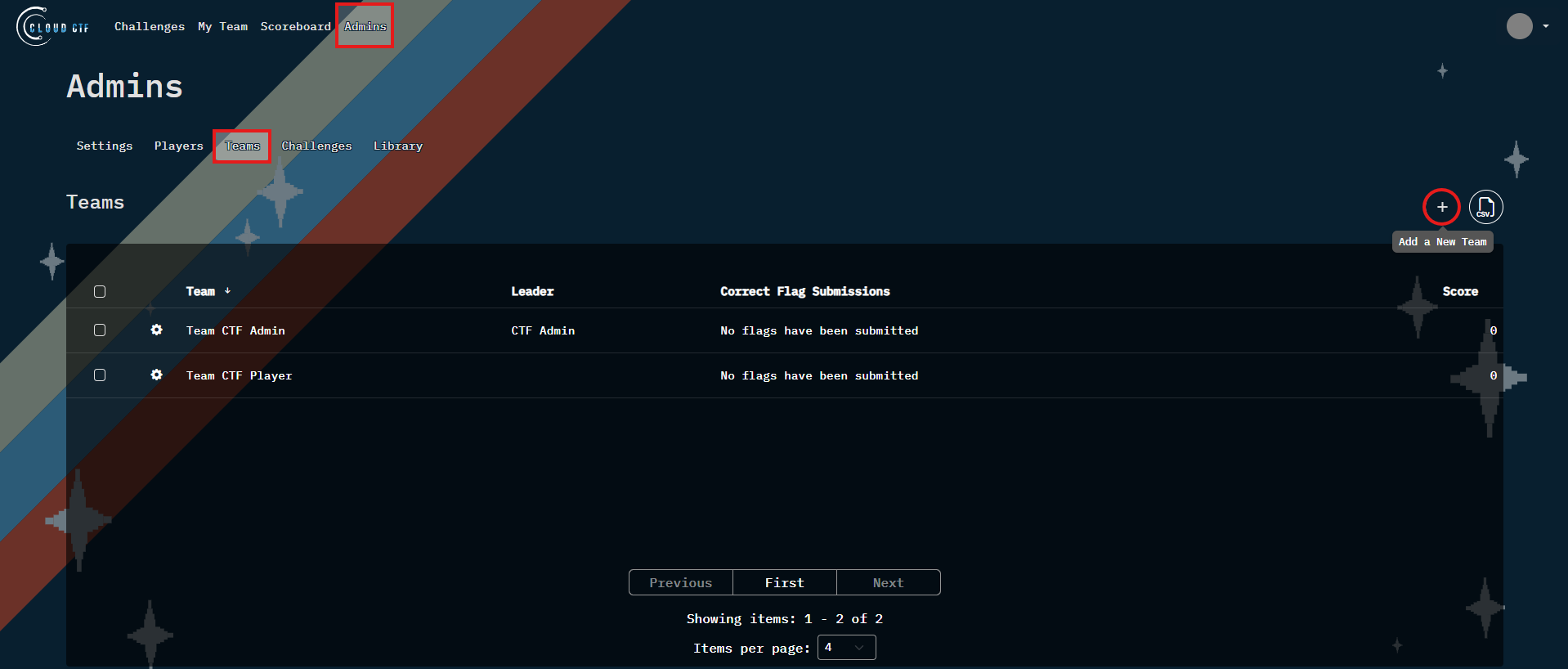 Click the plus icon on the Teams page to add a new team to the competition.