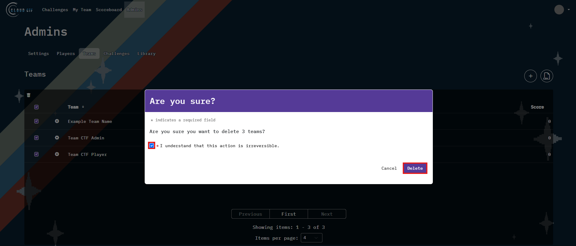 The checkbox can be found to the left of the confirmation statement. The confirm to delete option is located at the bottom right of the window.