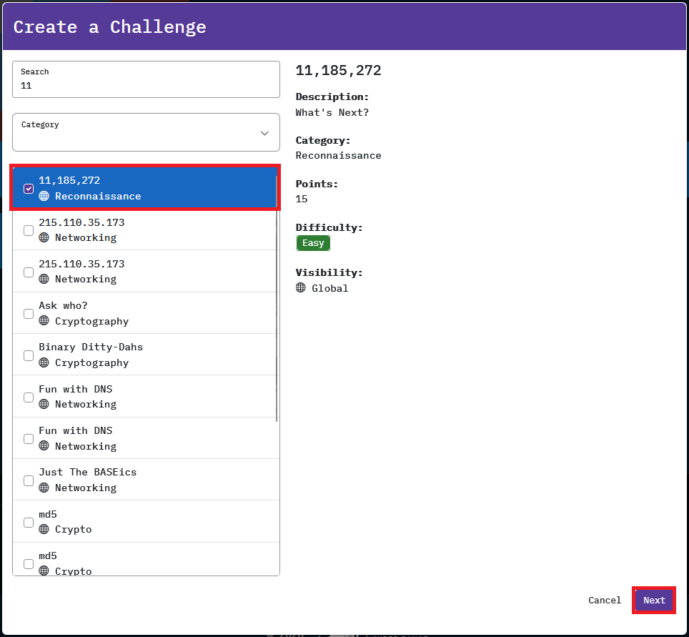 Challenges are selected with checkboxes beside their name, with the Next button located after the Cancel button.