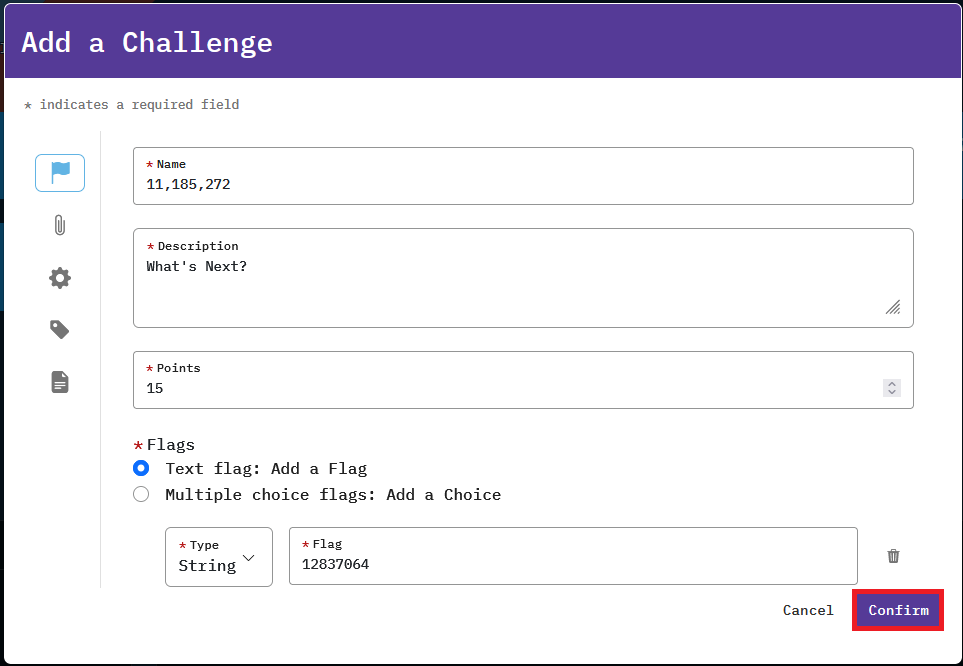 Confirm is located after Cancel in the Add a Challenge window.