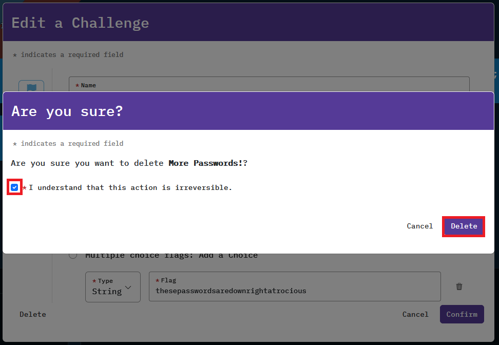 Delete is located after Cancel in the bottom right of the pop-up window.