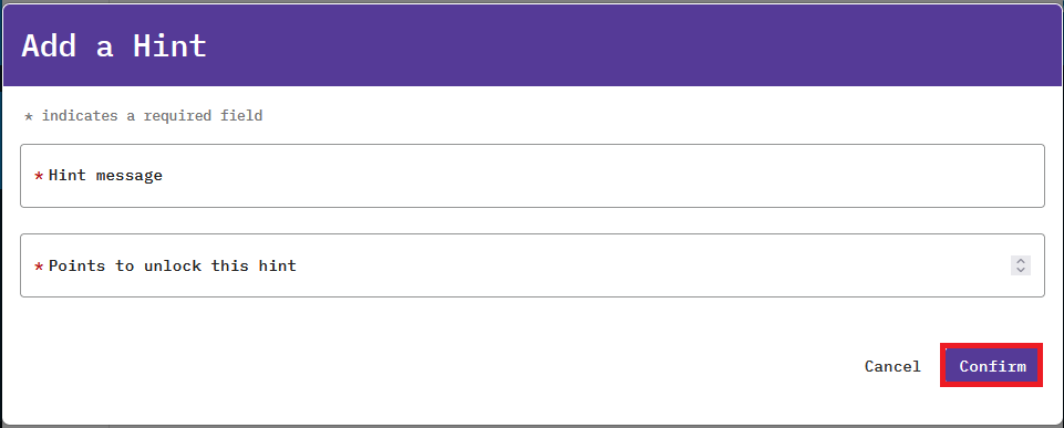 The Confirm button is at the bottom right of the Add a Hint window.