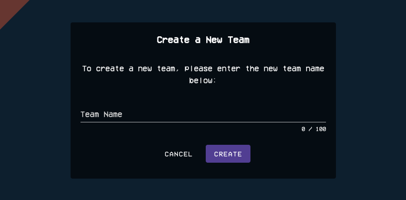 To create a team, please type in your team name and click on the create button, which is to the right of the cancel button.