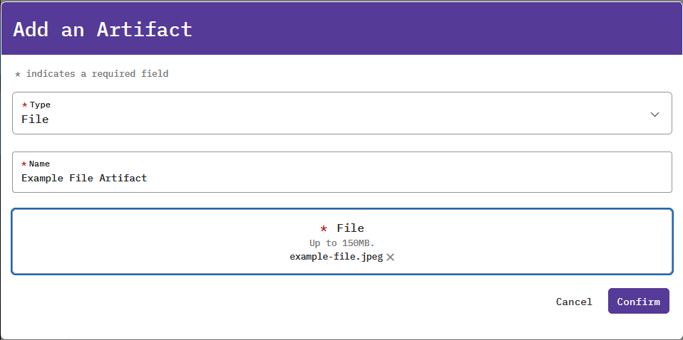 The Add an Artifact icon is located below the Artifacts header. Once clicked, a pop-up window containing information about the artifact will appear.