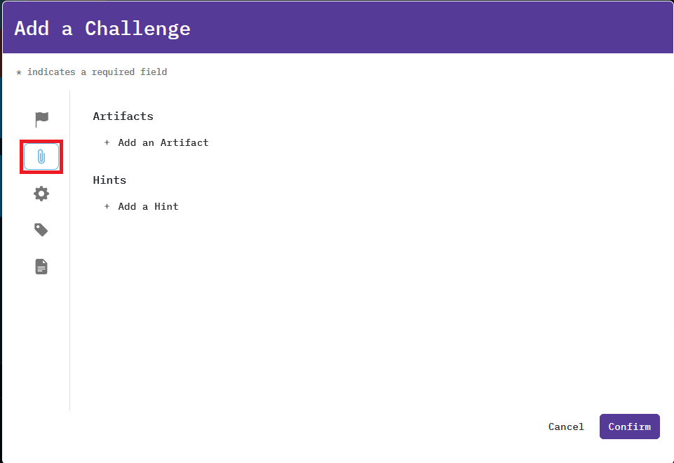 The Artifacts and Hints icon can be found on the left side of the window, below the Challenge Information flag icon.