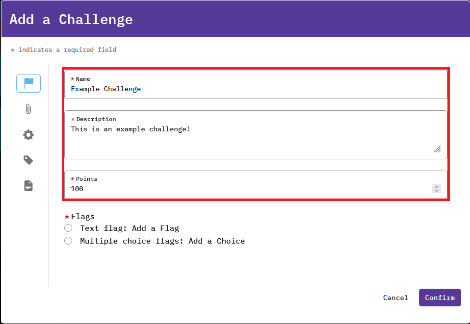 The name, description, and point value sections are shown in the window.
