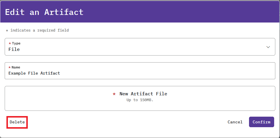 The Confirm option is located in the bottom right of the window, and the Delete option is located at the bottom left of the window.
