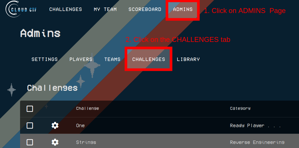 Clicking the admins tab takes you to the admins page where you can manage a Cloud CTF competition.