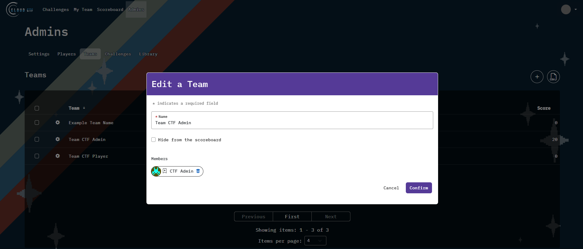You will be presented with a "Name" field and "Members" field that can be modified for the team.