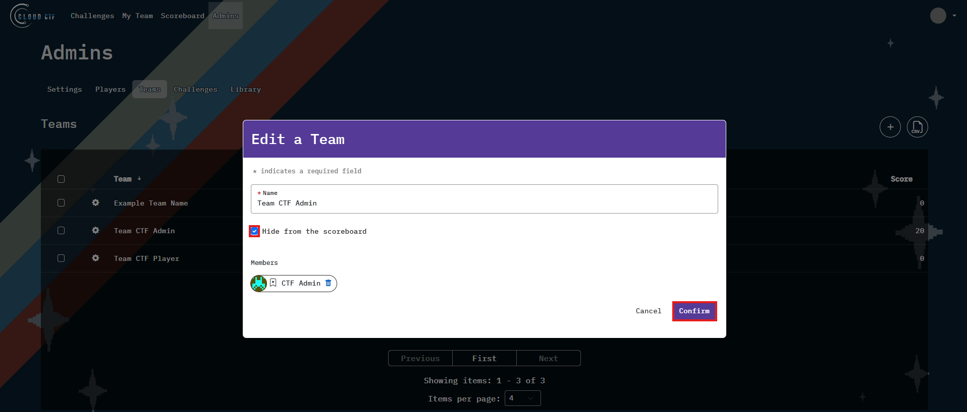 The Hide from the Scoreboard Checkbox is located under the name field.