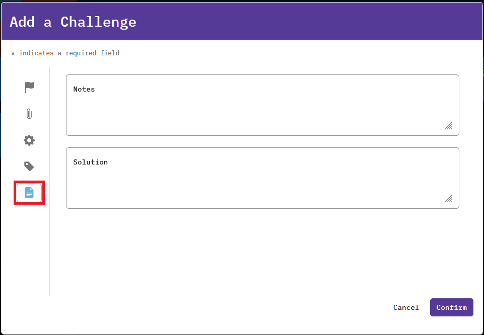 The Notes and Solutions icon is the last in the list of five sections in the Add a Challenge window.