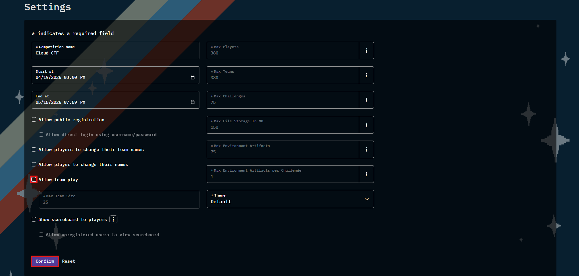 Underneath the "Allow players to change their names" option, you can then uncheck "Allow team play". The "confirm" button is to the left of the "reset" button.