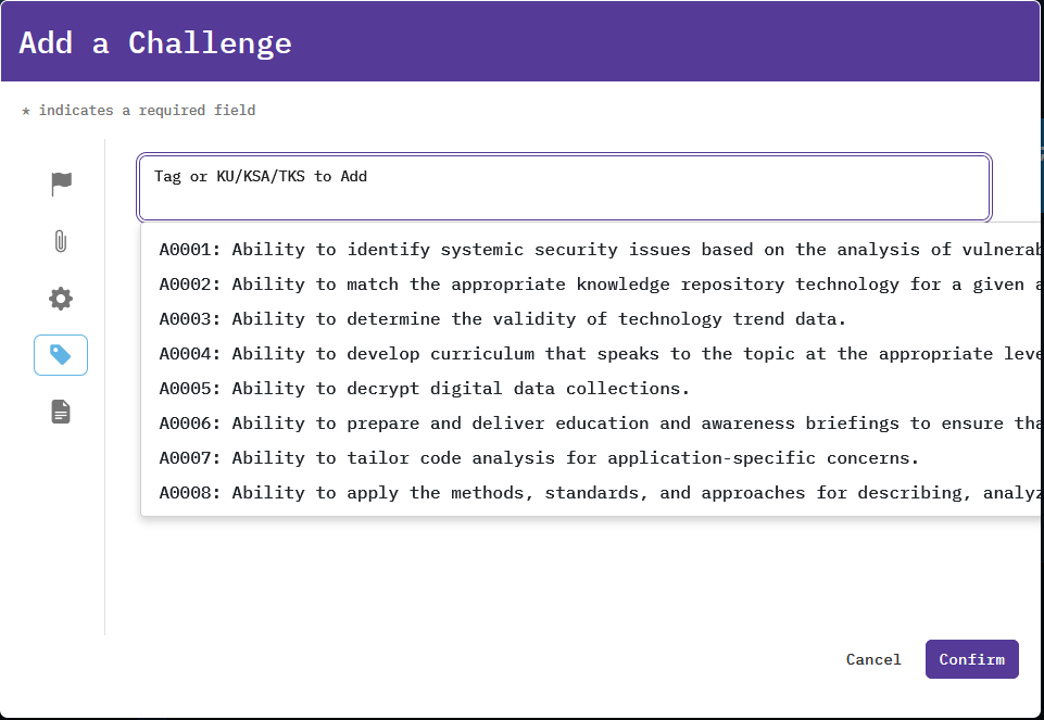 A dropdown menu containing a list of tags is located below the Add a Challenge window.