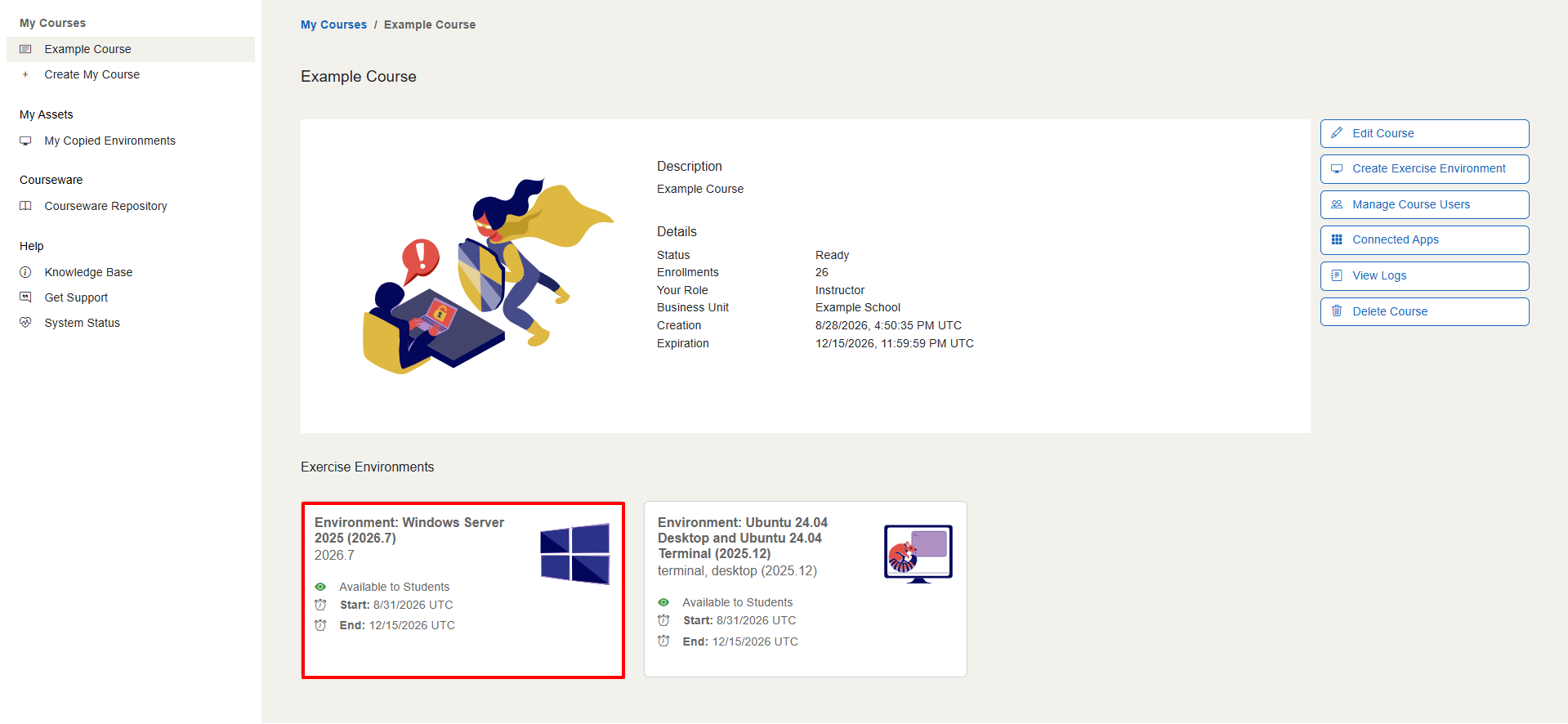 Exercise Environments can be found under the "Exercise Environments" section below the course details.