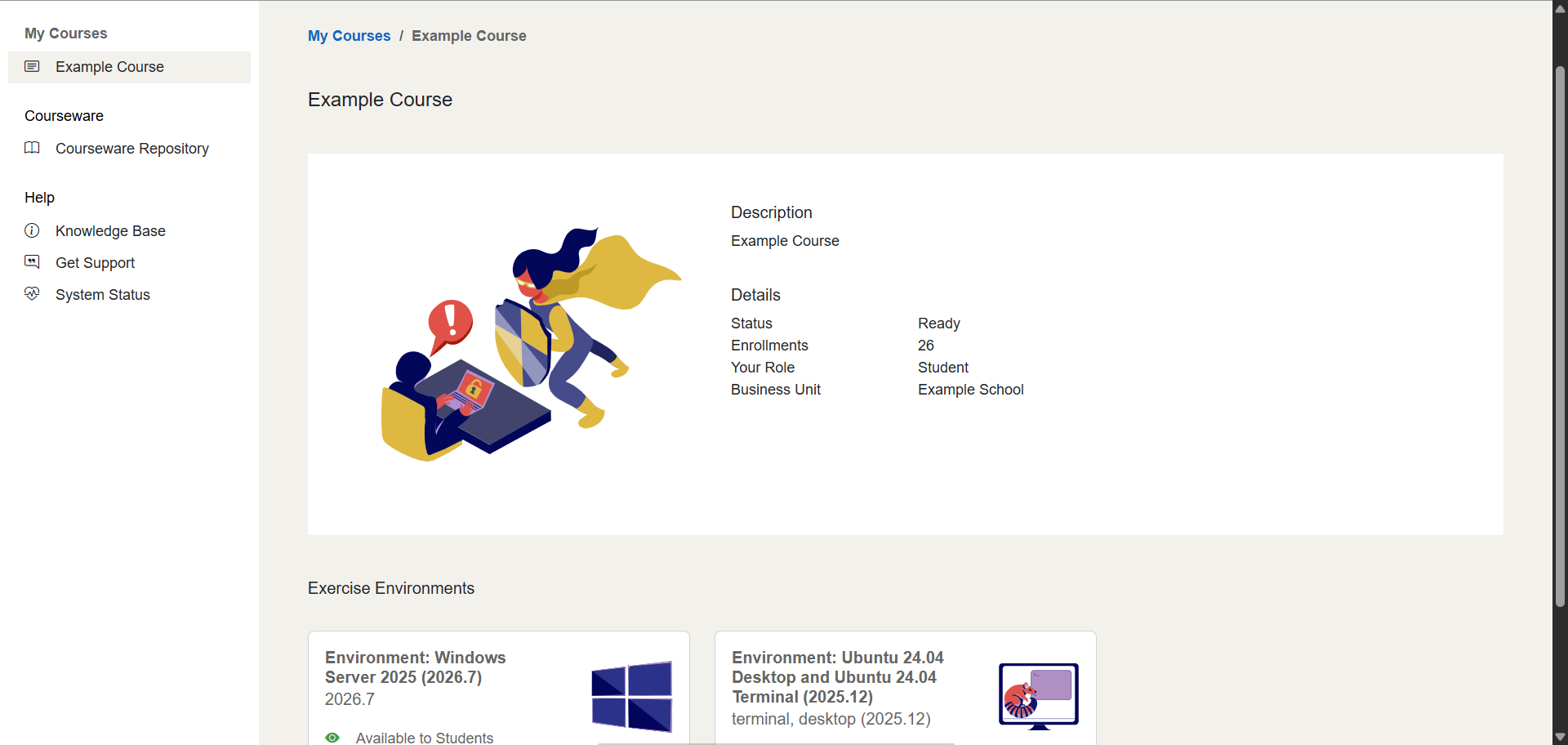 A course page is shown listing course details and the Exercise Environments header.