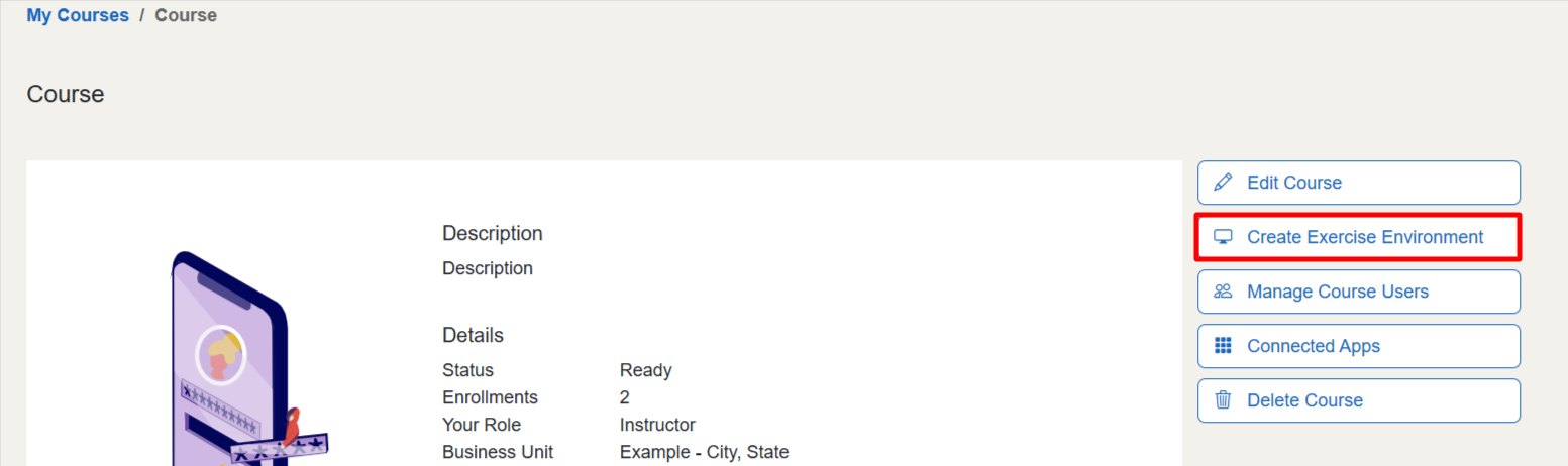 The Add Exercise Environment feature can be accessed by activating the Add Exercise Environment button on the top right of the course page