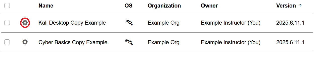 The gear icon is located between a checkbox and the name of the copied environment you are deleting.