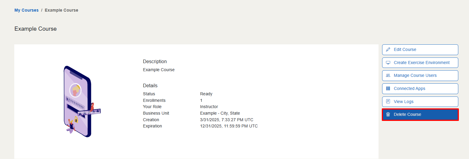 The "Delete Course" button is located in the top right of the page under the "View Logs" button.