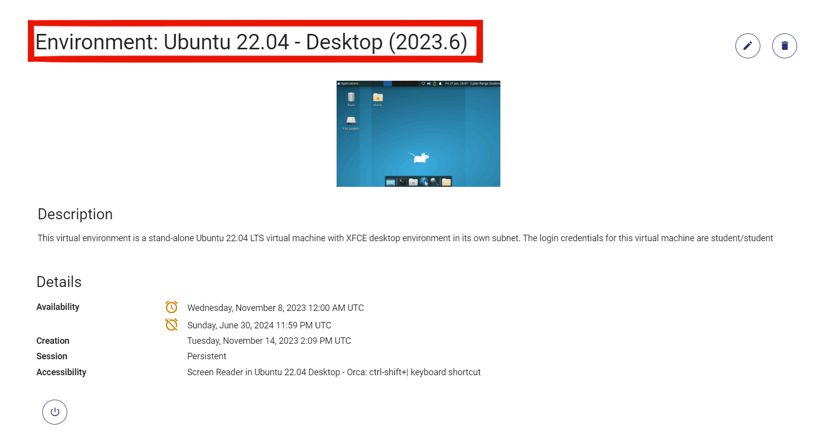 Exercise environment named "Environment: Ubuntu 22.04 - Desktop (2023.6).