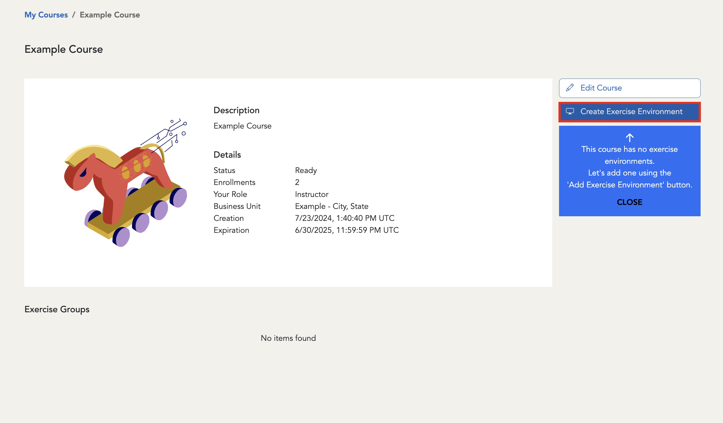 The "Create an Exercise Environment" button is located below the "Edit Course" button.