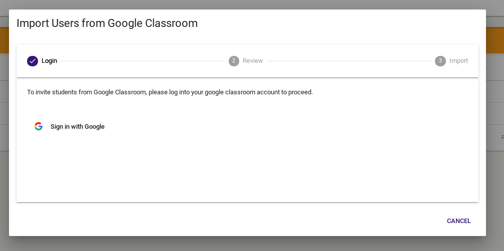 The Important Users from Google Classroom dialog is shown with the Sign in button in the middle and cancel in the bottom right.