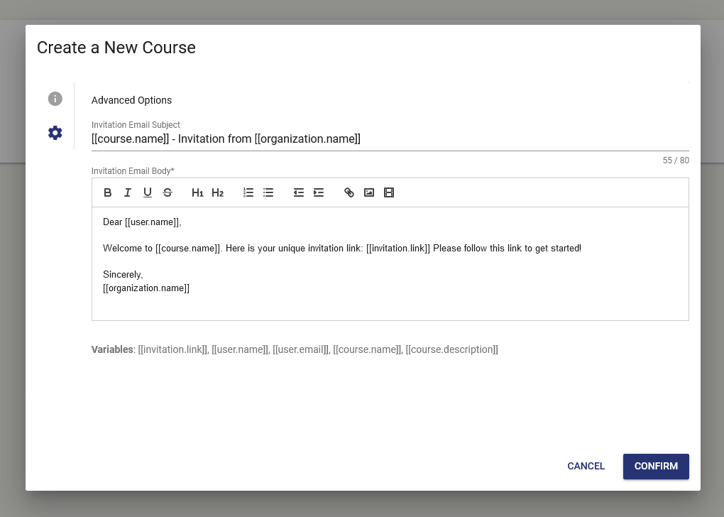 The advanced settings window allows you to customize your course's invitation email as you deem fit.