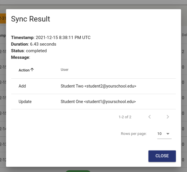 The Sync dialog includes a Timestamp, Duration, Status and Message if applicable.