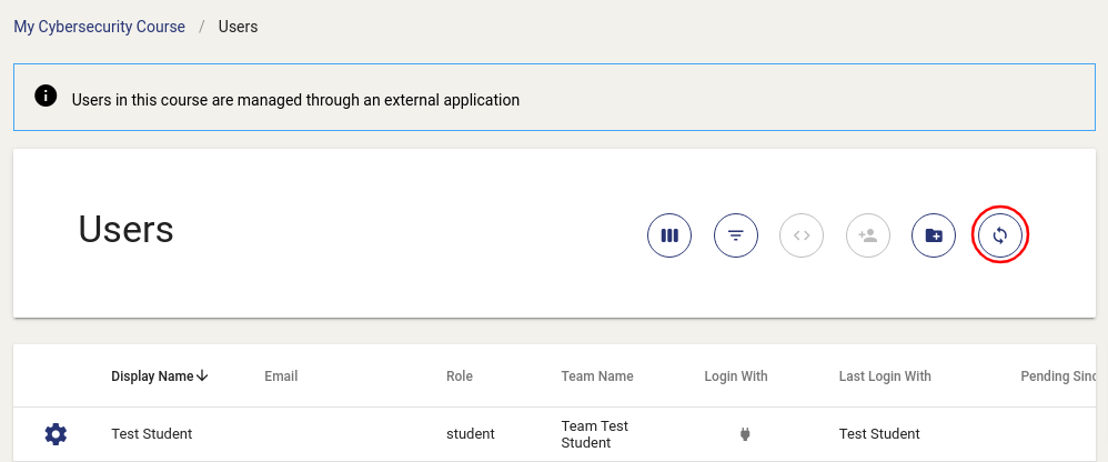 "Manage User Sync" is after "Add a new team to this course" in navigation.