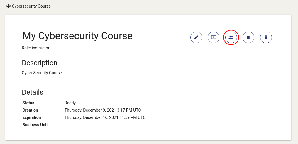 "Manage Course Users" is between "Add Exercise Environment" and "Manage Course Application" in navigation.