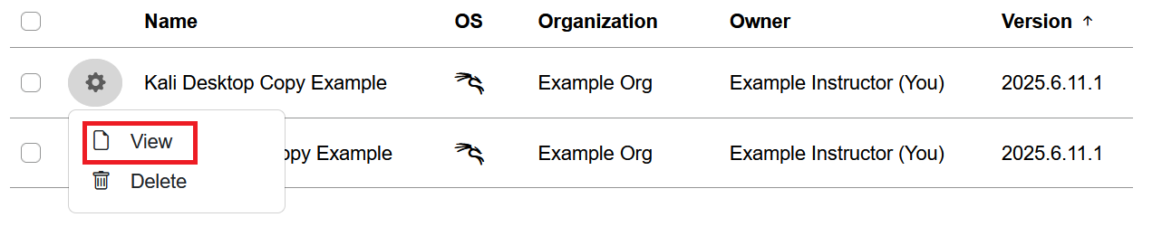The gear icon is located between a checkbox and the name of the copied environment you are sharing and View is the first option in the drop-down.