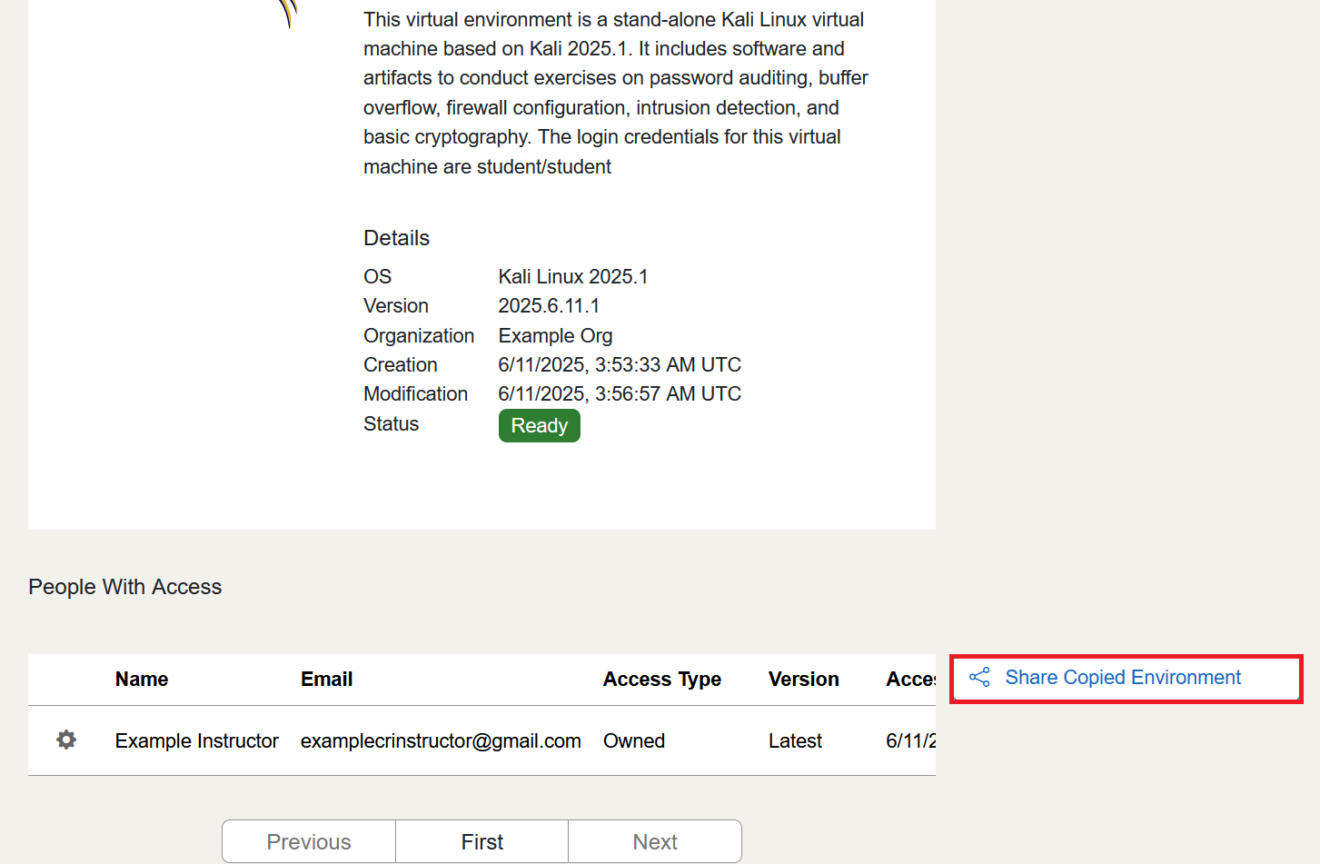 The Share Copied Environment button is at the bottom of the information page of the copied environment.