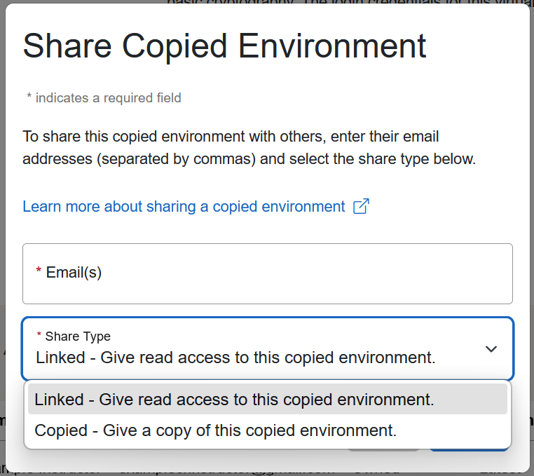 In the pop-up window, there is a text box for inputting emails and, below it, a drop-down menu with Linked and Copied share types.