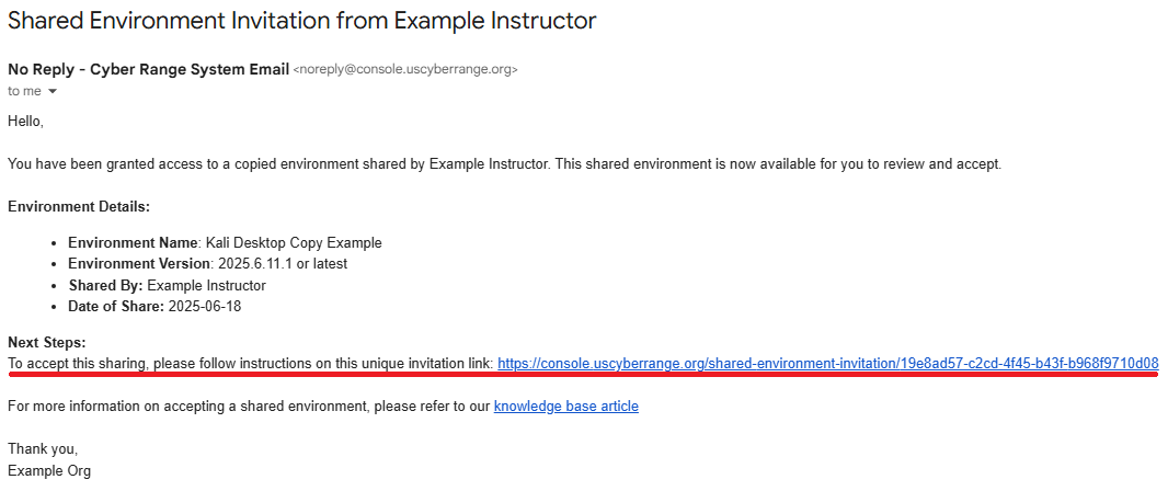 In the received email, the invitation link is in a section titled Next Steps.