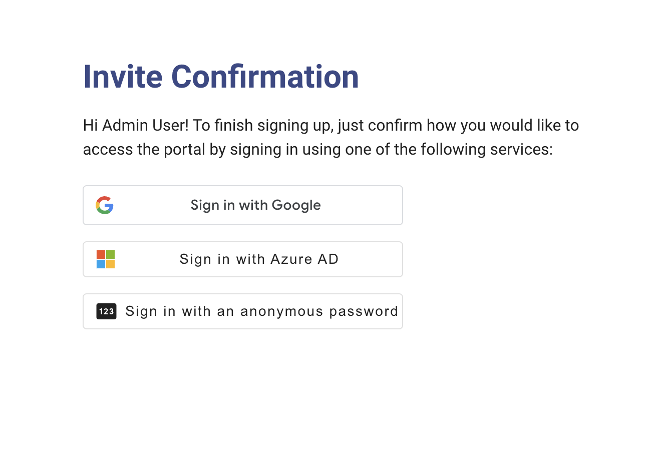 Authentication provider selection screen with options: Google and Azure AD