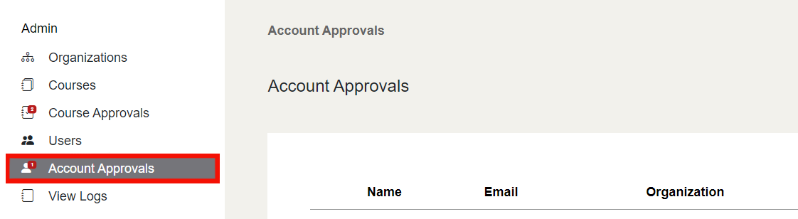 The "Account Approvals" button is displayed with a notification in the top left.