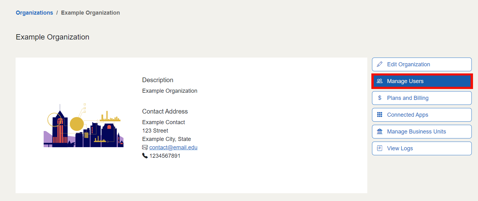 The "Manage Users" button is located on the left of the screen, under the "Edit Organization" button.