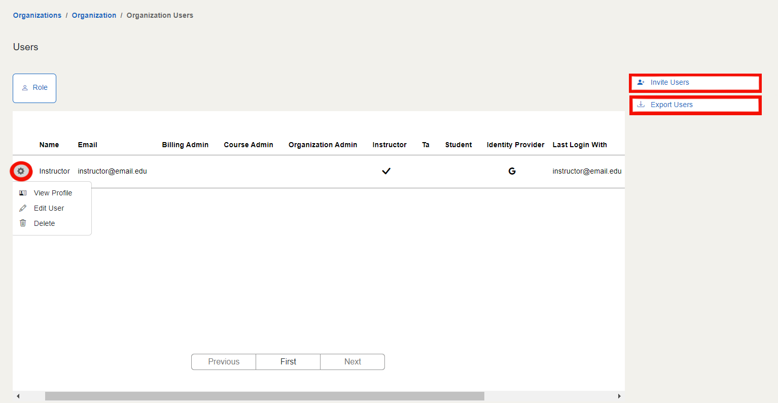 The gear icon for editing and deleting users is to the left of the Display Name column. In the top right corner of the screen, there are two buttons in this order (top to bottom): Invite Users and Export Users.