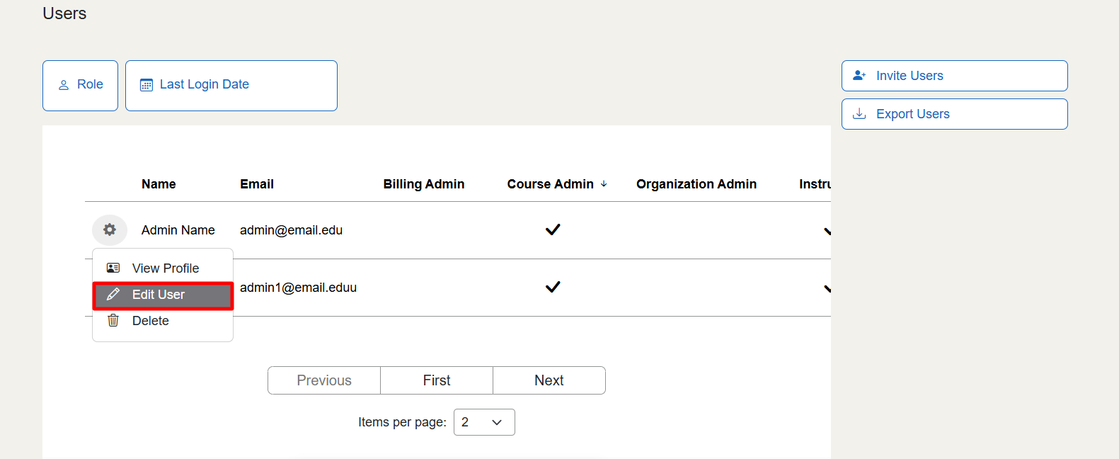 The cog wheel is located to the left of the user's name. The **Edit User** option is the second option in the drop-down box from the cog wheel.