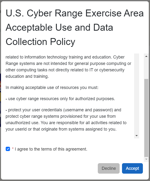 In the pop-up window, the policy appears. Underneath the policy, a checkbox is located to the left of the agreement statement. In the bottom right of the window is a "Decline" button with an "Accept" button to its right.