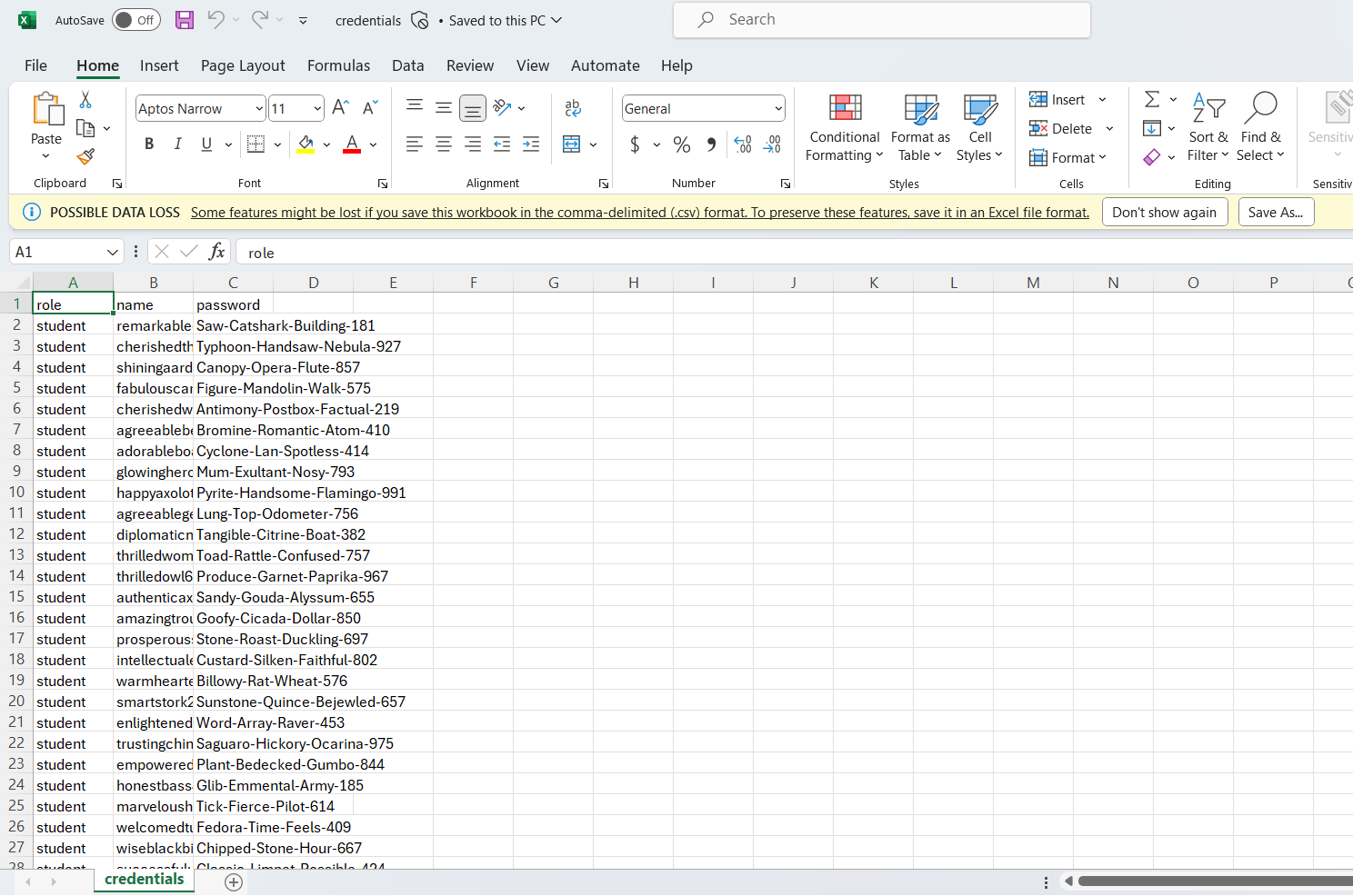 A CSV file displaying role, name, and password columns.