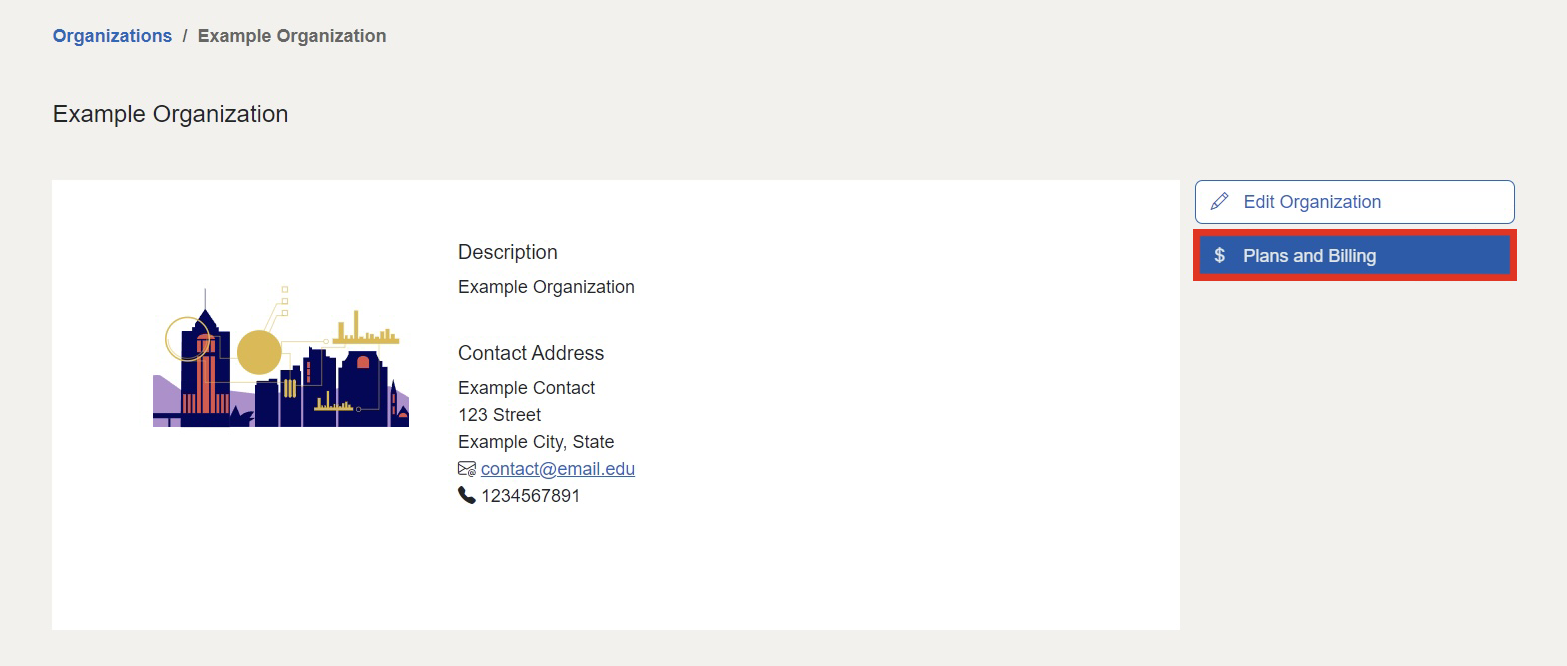 The "Plans and Billing" button is located in the top right of the screen positioned under the "Edit Organization" button.