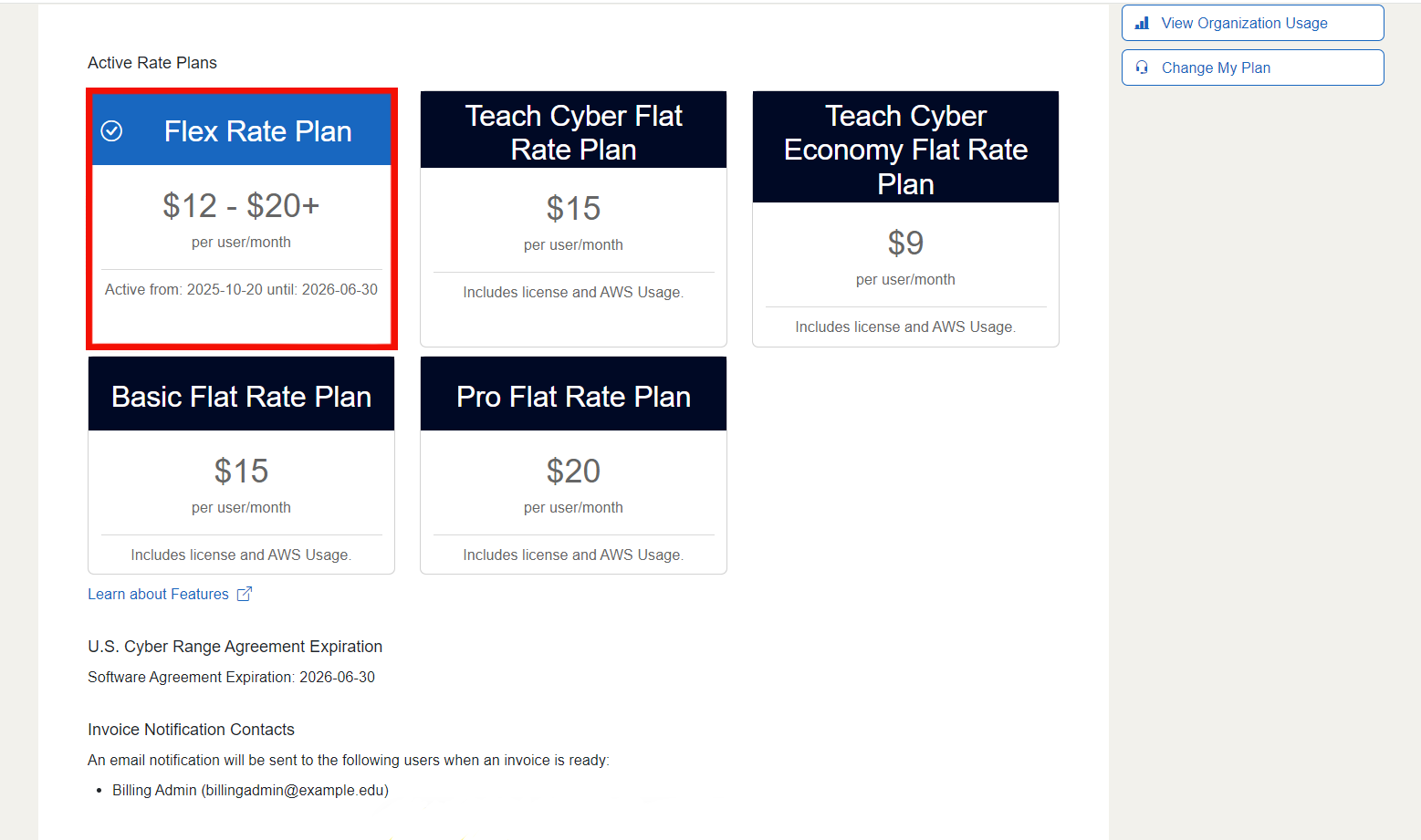 Under the phrase "This organizations is subscribed to the following rate plans", you'll find the name of the plan, the number of add-ons, and when the plan begins and ends.