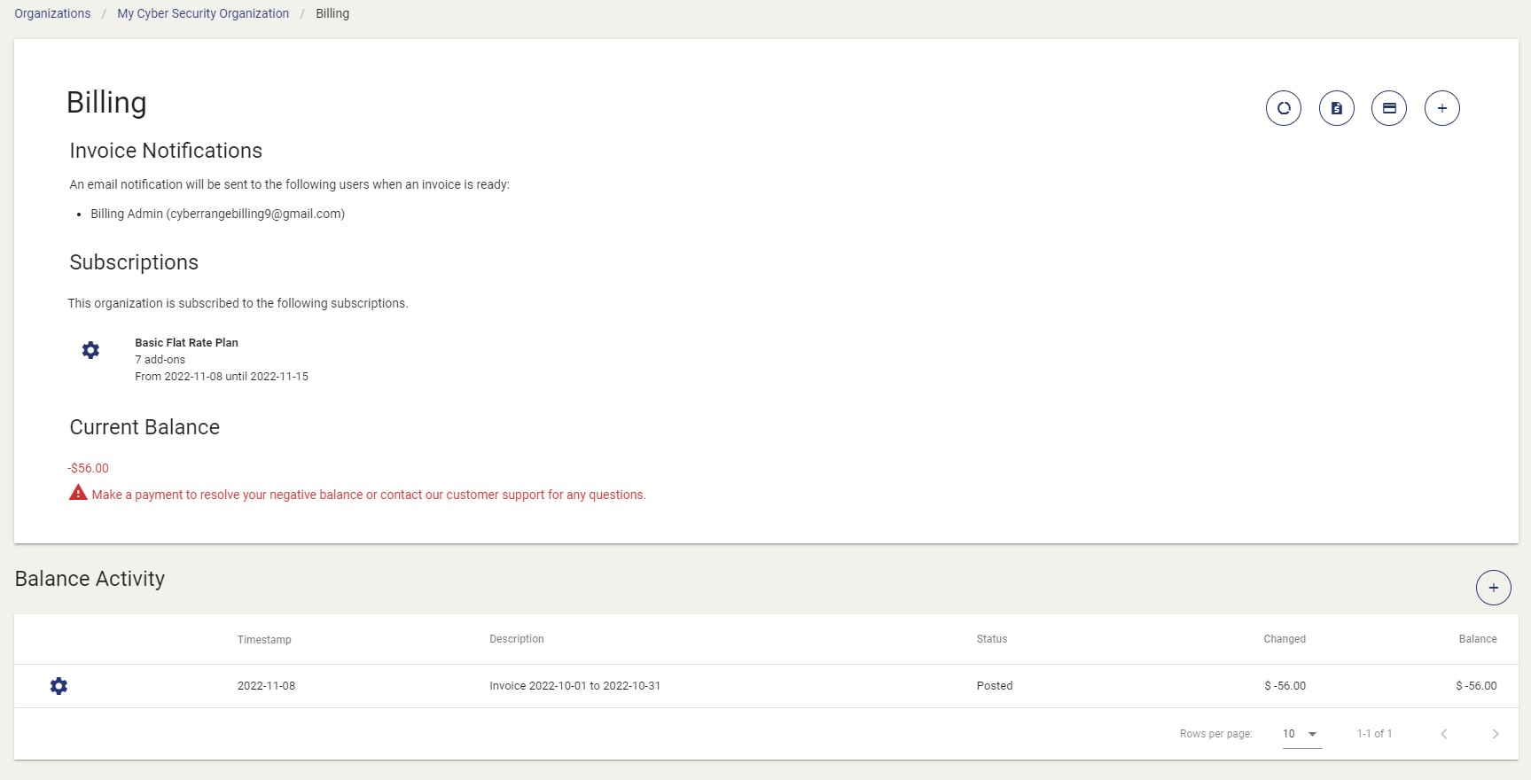 The billing page includes invoice notifications, subscriptions, current balance, and balance activity.